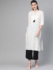 Nayo Women White & Black Cotton Straight Geometric Printed Kurta