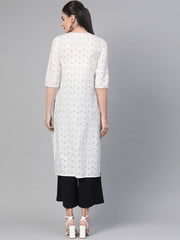 Nayo Women White & Black Cotton Straight Geometric Printed Kurta