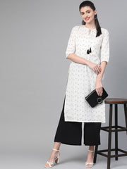 Nayo Women White & Black Cotton Straight Geometric Printed Kurta