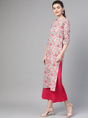 Nayo Women Grey & Pink Cotton Straight Floral Printed Kurta