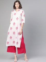 Nayo Women White & Pink Cotton Straight Floral Printed Kurta