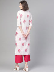 Nayo Women White & Pink Cotton Straight Floral Printed Kurta