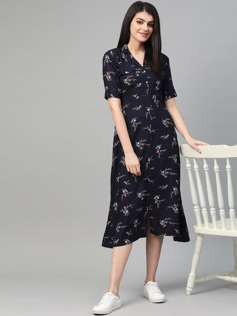 Nayo Women Navy Blue & Rust Floral Printed A-Line Dress