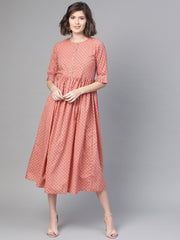 Nayo Women Peach & Floral Printed A-Line Dress