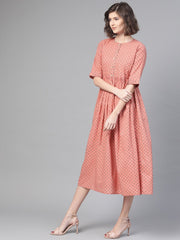 Nayo Women Peach & Floral Printed A-Line Dress