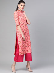 Nayo Women Pink & Mustard Cotton Straight Floral Printed Kurta
