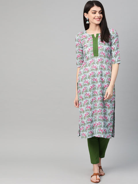 Nayo Women Blue & Pink Straight Floral Printed Kurta And Trousers Set