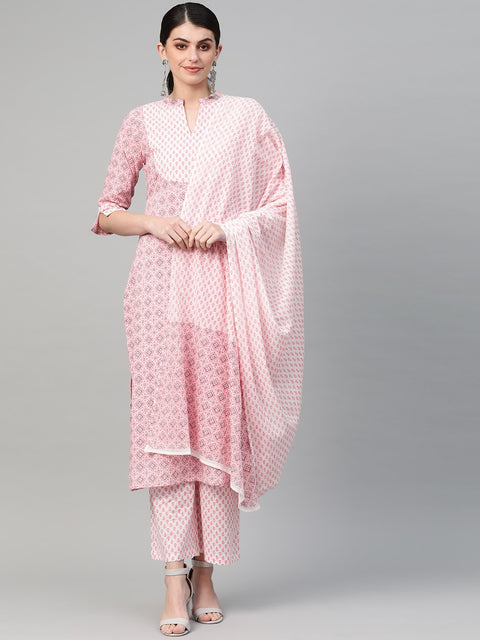 Nayo Women Pink & white Straight Geometric Printed Kurta And Palazzos Set