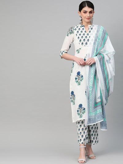 Nayo Women White & Blue Straight Floral Printed Kurta And Trousers Set