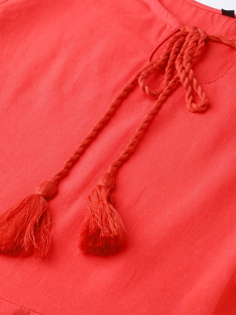 Nayo Women Red solid Tie-up Neck Peplum Top
