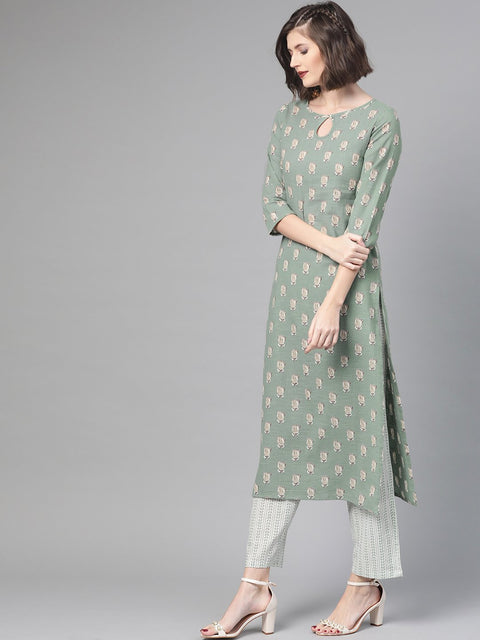 Nayo Women Green & Beige Straight Quirky Printed Kurta And Trousers Set