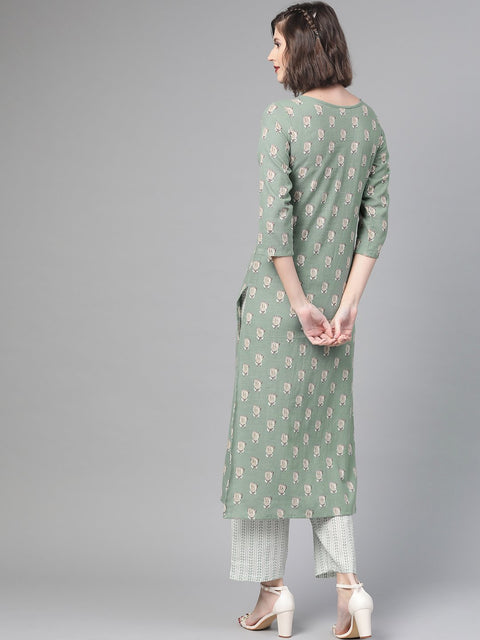 Nayo Women Green & Beige Straight Quirky Printed Kurta And Trousers Set