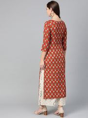 Nayo Women Rust & Beige Straight Ethnic Motifs Printed Kurta And Skirt Set