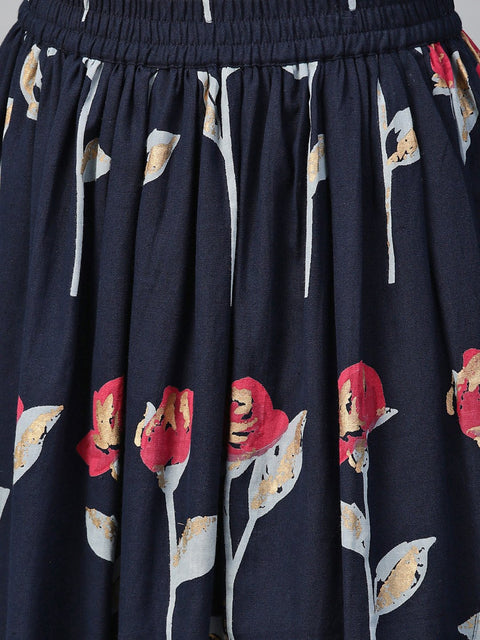 Nayo Women Maroon & Navy Blue Straight Floral Printed Kurta And Skirt Set