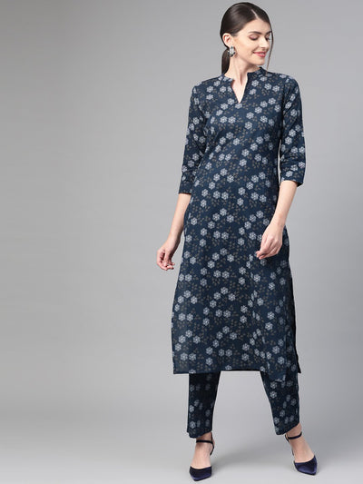 Nayo Women Navy Blue & Blue Straight Floral Printed Kurta And Trousers Set
