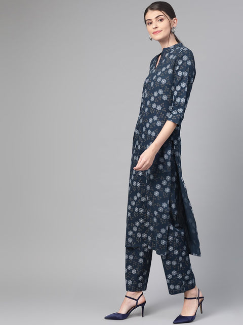 Nayo Women Navy Blue & Blue Straight Floral Printed Kurta And Trousers Set