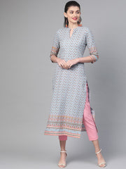 Nayo Nayo Adults-Women Blue & Pink Cotton Straight Floral Printed Kurta