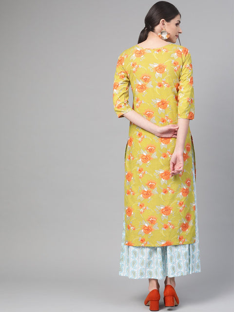 Nayo Women Green & Orange Straight Floral Printed Kurta And Skirt Set