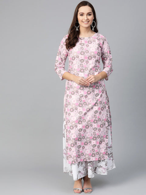 Nayo Women Pink & Grey Straight Floral Printed Kurta And Skirt Set