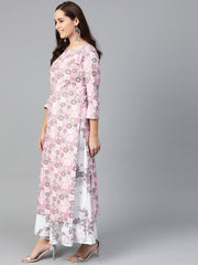 Nayo Women Pink & Grey Straight Floral Printed Kurta And Skirt Set