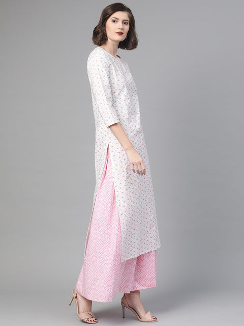 Nayo Women White & Pink  Straight Floral Printed Kurta And Skirt Set