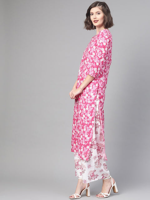 Nayo Women Pink & White Straight Floral Printed Kurta And Palazzos Set
