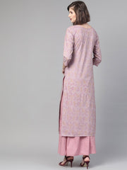 Nayo Women Mauve & Pink Straight Floral Printed Kurta And Skirt Set