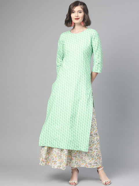 Nayo Women Green & Pink Straight Ethnic Motifs Printed Kurta And Skirt Set