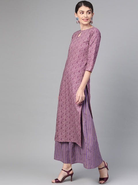 Nayo Women Mauve & Purple Straight Paisley Printed Kurta And Skirt Set
