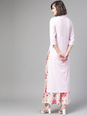 Nayo Women Pink & Red Straight Checked Printed Kurta And Skirt Set