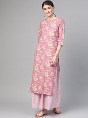 Nayo Women Pink & Green Straight Floral Printed Kurta And Skirt Set