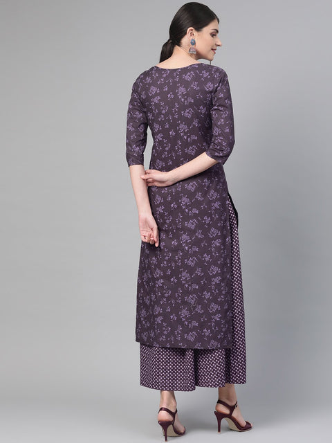 Nayo Women Purple &  Straight Floral Printed Kurta And Skirt Set