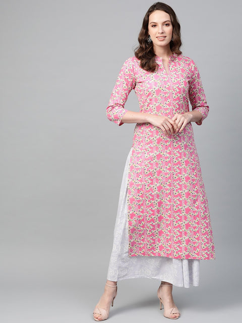 Nayo Women Pink & Off white Straight Floral Printed Kurta And Skirt Set