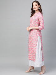 Nayo Women Pink & Off white Straight Floral Printed Kurta And Skirt Set