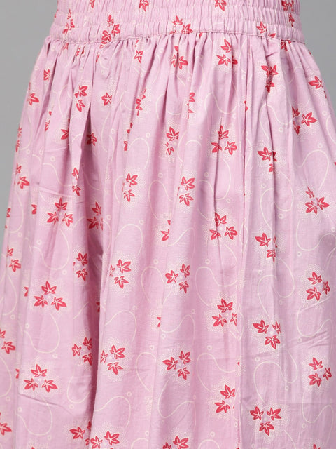 Nayo Women Pink & Green Straight Floral Printed Kurta And Skirt Set