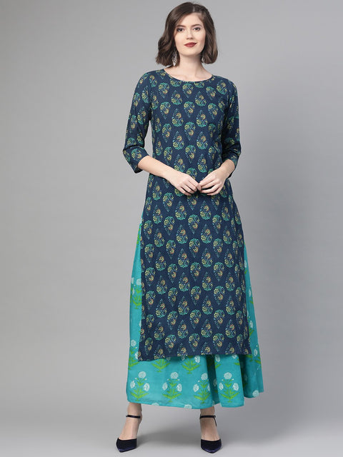 Nayo Women Navy Blue & Green Straight Ethnic Motifs Printed Kurta And Skirt Set