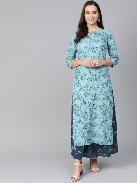 Nayo Women Teal & Navy Blue Straight Floral Printed Kurta And Skirt Set