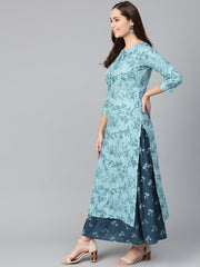 Nayo Women Teal & Navy Blue Straight Floral Printed Kurta And Skirt Set