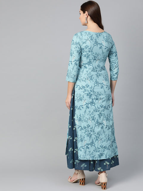 Nayo Women Teal & Navy Blue Straight Floral Printed Kurta And Skirt Set