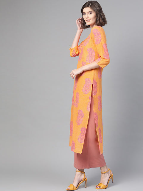 Nayo Nayo Adults-Women Orange & Pink Cotton Straight Paisley Printed Kurta