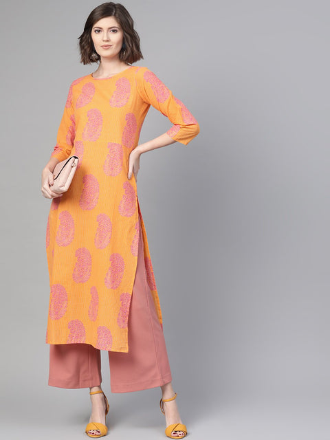 Nayo Nayo Adults-Women Orange & Pink Cotton Straight Paisley Printed Kurta