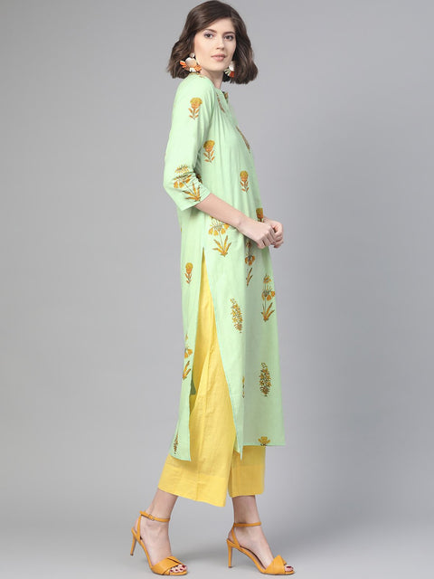 Nayo Nayo Adults-Women Green & Orange Cotton Straight Floral Printed Kurta