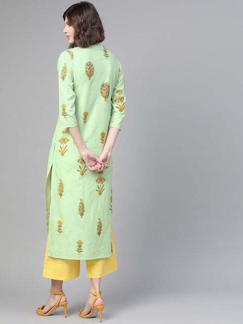 Nayo Nayo Adults-Women Green & Orange Cotton Straight Floral Printed Kurta