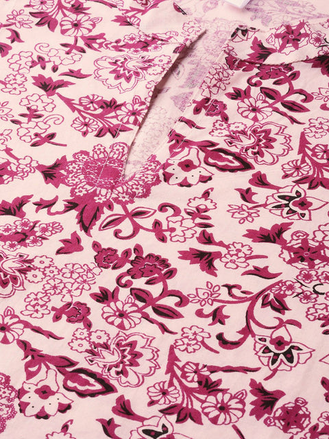 Nayo Women Pink & Burgundy Straight Floral Printed Kurta And Palazzos Set