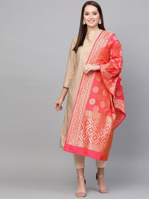 Pink & Gold-Coloured Woven Design Dupatta