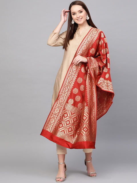 Nayo Maroon & Gold-Coloured Woven Design Dupatta