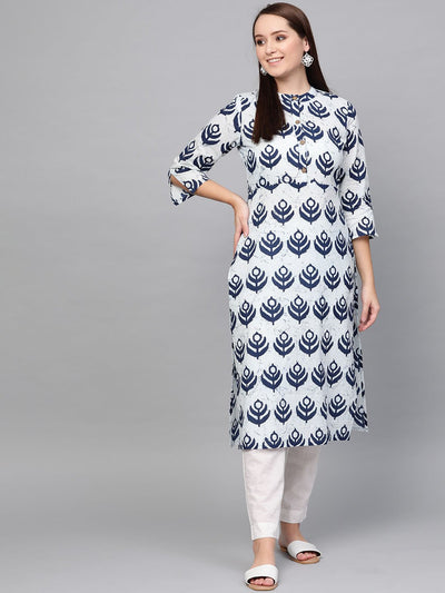 Nayo Women White & Navy Blue Floral Printed Straight Kurta