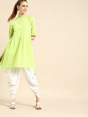 Nayo Women Lime Green Three-Quarter Sleeves Asymmetric Kurta with Dhoti Pants