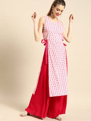 Nayo Women Pink Calf Length Sleeveless Straight Floral Printed Cotton Kurta
