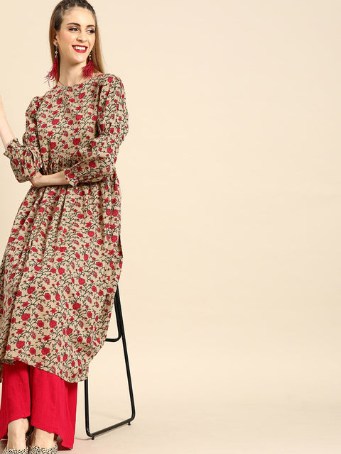 Women Beige Calf Length Three-Quarter Sleeves A-Line Floral Printed Cotton Kurta